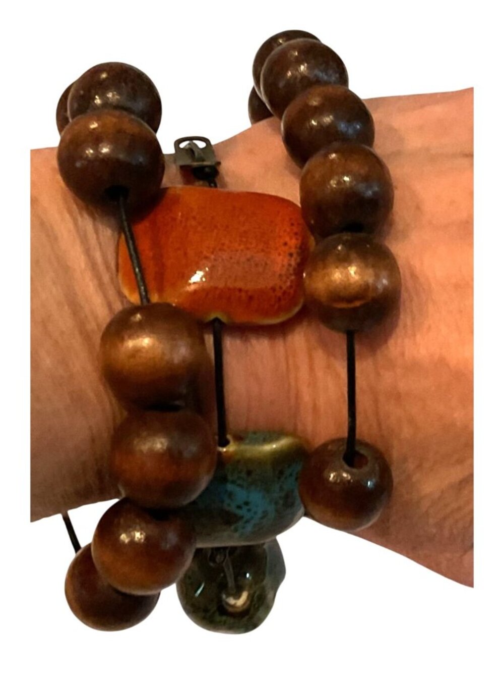 OOAK Handmade Artisan Wood Bead And Polished Stone Bracelet With Wood Clasp